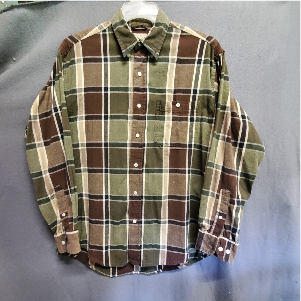 St Johns Bay Mens Medium Green Brown Plaid Flannel Button Down Shirt Cotton